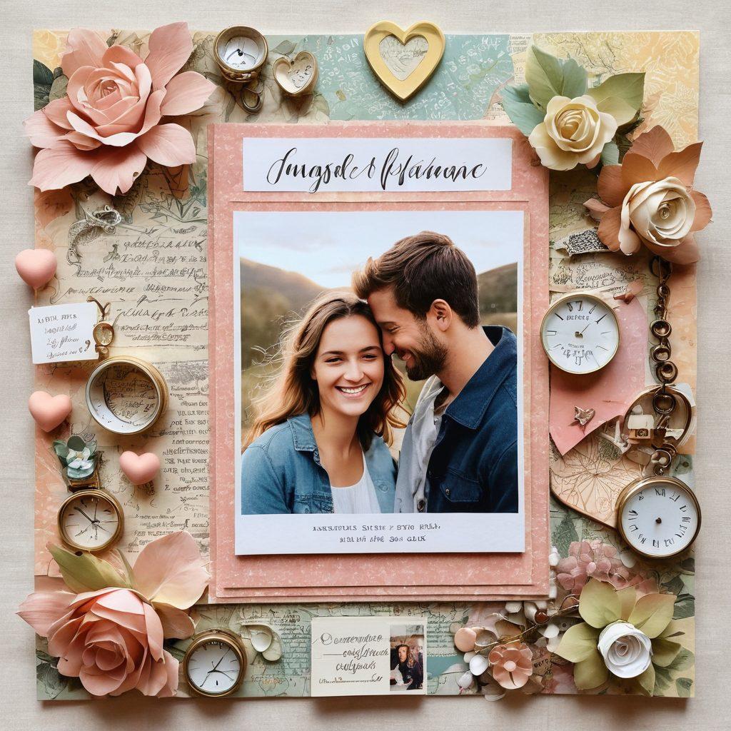 An intimate scene showcasing a joyful couple surrounded by handmade keepsakes and mementos of their shared adventures, with soft lighting highlighting their smiling faces. The background features a cozy, warm atmosphere decorated with photos of their travels and heartfelt notes. Include elements of love, connection, and creativity in the keepsakes, such as a scrapbook and matching jewelry. pastel colors. super-realistic.