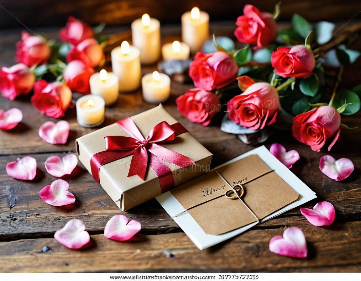 A beautifully arranged display of unique romantic gifts such as handcrafted jewelry, personalized love notes, and artistic keepsakes, all thoughtfully presented on a rustic wooden table. Soft, ambient lighting creates a warm, intimate atmosphere. Include delicate rose petals scattered around and a gentle bokeh effect in the background to enhance the romantic vibe. vintage style. warm tones.
