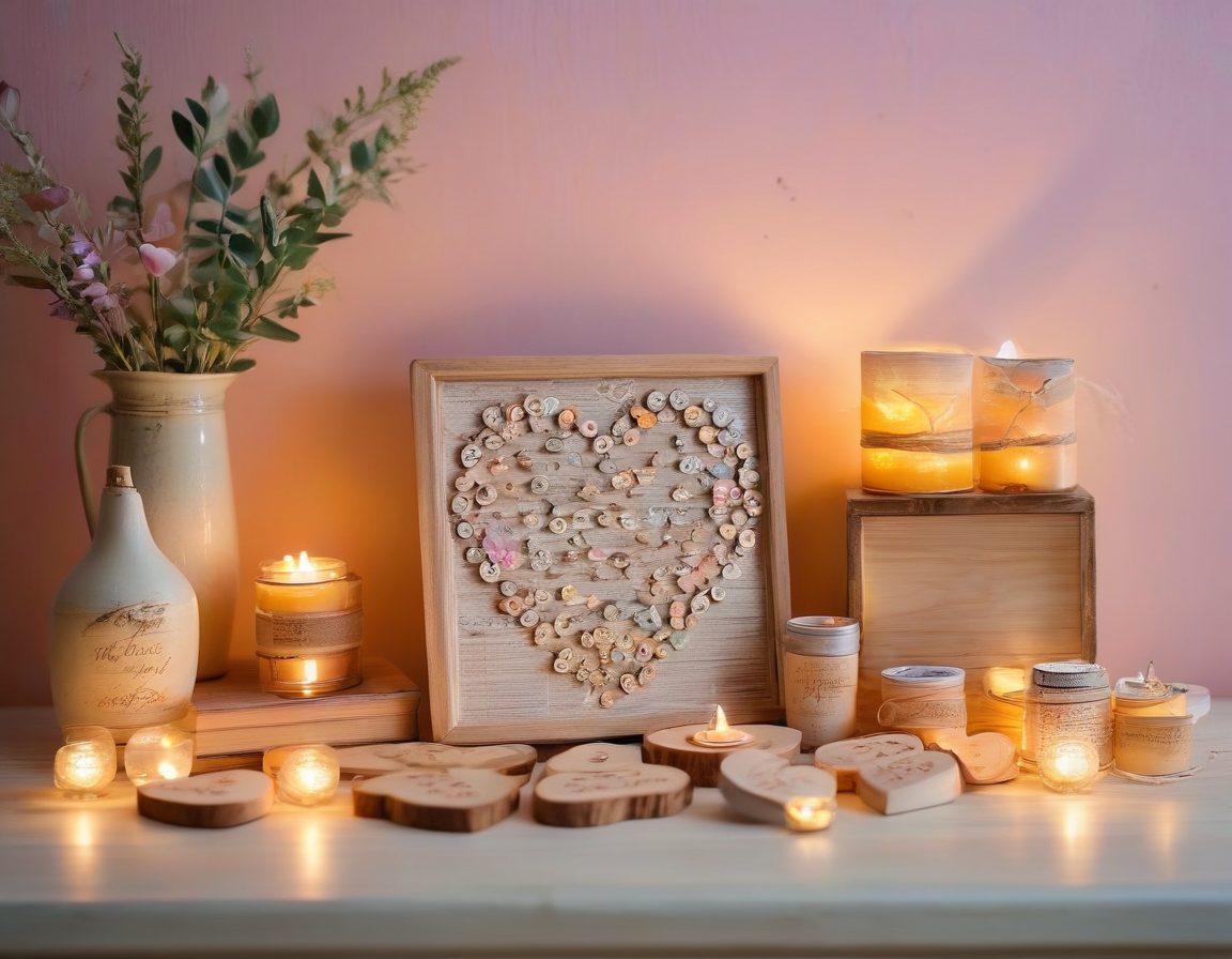A beautifully arranged display of handcrafted romantic gifts, like engraved wooden tokens, delicate love letters, and unique jewelry pieces, set against a soft, dreamy background filled with pastel colors. The scene includes subtle heart motifs and glimmering fairy lights to evoke warmth and affection, inviting viewers to celebrate love. natural lighting, warm ambiance, artistic focus. vibrant colors. soft bokeh effect.